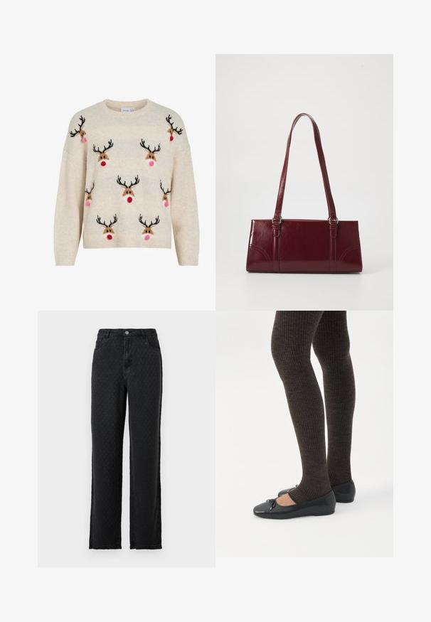 Pull couleur crème avec une texture duveteuse, un col rond, et des motifs de rennes aux bois noirs, pompons roses et nez rouges.; Jeans larges noirs texturés avec poches avant et fermeture à bouton sur fond uni.; Jambes portant des leggings côtelés foncés associés à des ballerines noires avec de petits détails en nœud sur fond blanc.; Sac à main bordeaux en matériau brillant, de forme rectangulaire, avec deux anses et des accents légèrement courbés à l'avant.