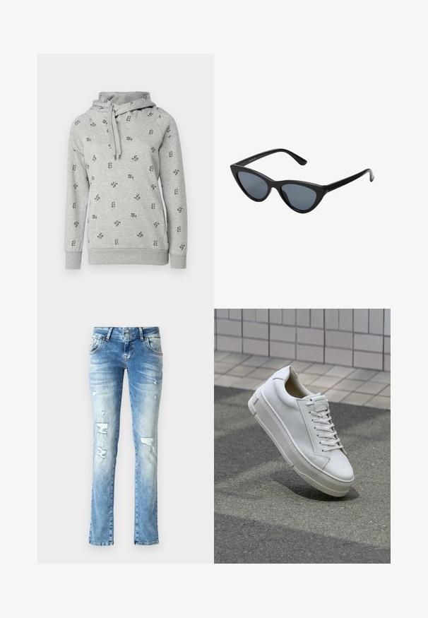 Grijze trui met capuchon, met een bloemenontwerp in het zwart. Gemaakt van zachte, gestructureerde stof met geribbelde boorden en zoom.; Lichtblauwe denim jeans met een relaxte pasvorm, voorzien van versleten details, een knopenfly met twee knopen en rechte pijpen.; Witte leren sneaker met een low-top ontwerp, platte veters, ronde neus en textuur zijden. Dikke rubberen zool met subtiele accenten.; Zwarte cat-eye zonnebril met donkergrijze lenzen, slank plastic frame, puntige hoeken en rechte pootjes. Geen zichtbare hardware of accenten.