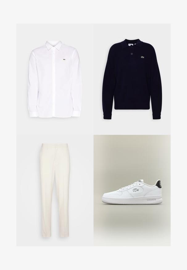 Marineblauwe gebreide polo met lange mouwen en twee knopen, voorzien van een groene Lacoste krokodil logo op de linkerborst, met ribgebreide manchet en zoom.; Witte lange mouwen shirt van katoen, met een button-down kraag, een groen geborduurd logo op de linkerkant van de borst en rechte mouwen.; Crème-kleurige op maat gemaakte broeken met een rechte snit, gemaakt van textuurstof. Voorzien van riemlussen en een ritssluiting aan de voorkant.; Witte leren sneaker met een gestructureerde teenbox, vetersluiting en rubberen zool. Heeft een zwarte hielaccent en Lacoste branding.