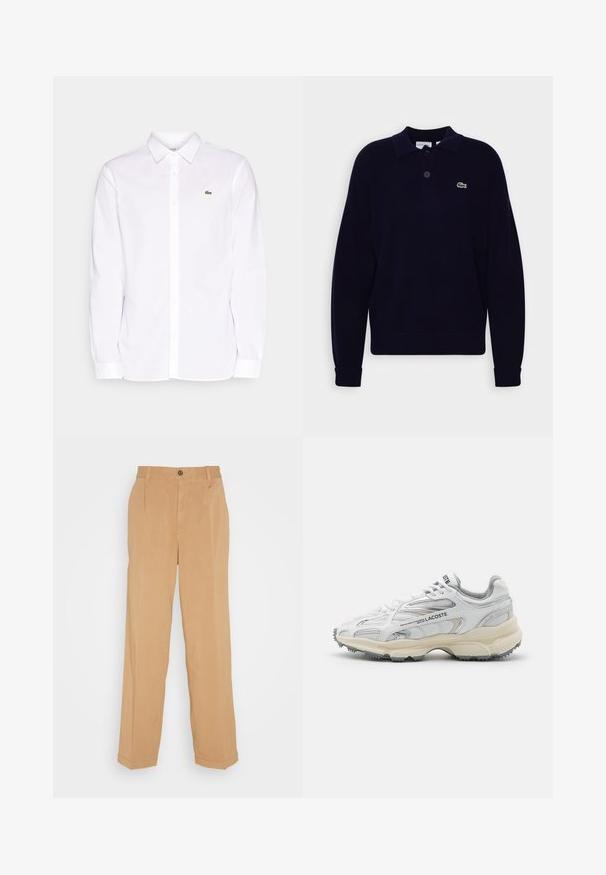Polo de punto de manga larga en color navy con dos botones, que presenta un logo de cocodrilo verde de Lacoste en el lado izquierdo del pecho, puños y dobladillo acanalados.; Camisa blanca de manga larga hecha de algodón, que presenta un collar tipo button-down, un logo bordado verde en el lado izquierdo del pecho y puños rectos.; Pantalones de pierna ancha en beige, fabricados con tejido suave, que cuentan con dos bolsillos frontales, un cierre de botón y detalles de pliegues a lo largo de las piernas.; Zapatillas deportivas blancas con detalles en gris, parte superior de malla y sintético, diseño de cordones, y suela de goma texturizada con patrones de tracción.