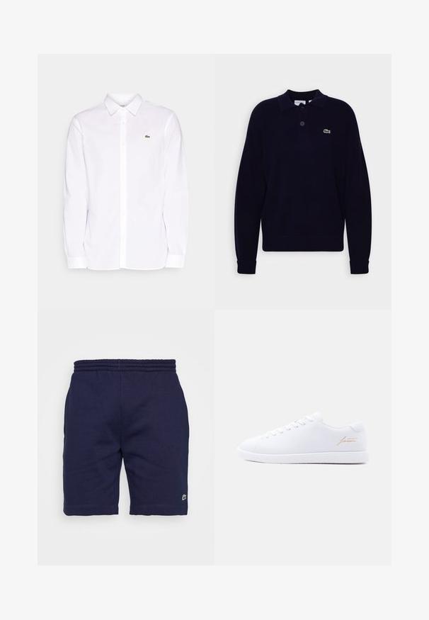 Marineblauwe gebreide polo met lange mouwen en twee knopen, voorzien van een groene Lacoste krokodil logo op de linkerborst, met ribgebreide manchet en zoom.; Witte lange mouwen shirt van katoen, met een button-down kraag, een groen geborduurd logo op de linkerkant van de borst en rechte mouwen.; Navyblauwe katoenen shorts met een elastische tailleband, voorzien van een klein groen logo op het linksonder been en een gladde textuur.; Witte lage sneaker met witte veters, een gestructureerde zool en een gouden "lacoste" schrift aan de zijkant tegen een neutrale achtergrond.