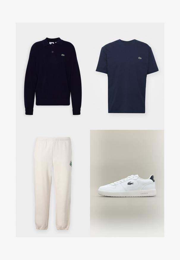 Námornícky pletený polo tričko s dlhým rukávom a dvoma gombíkmi, s zeleným logom krokodíla Lacoste na ľavom prsníku, s rebrovanými manžetami a lemom.; Námornícky modré bavlnené tričko s krátkymi rukávmi, okrúhlym výstrihom a malým zeleným logom krokodíla na ľavej hrudi. Mäkká textúra, športový dizajn.; Svetlo béžové tepláky z bavlny s elastickým pásom, rebrovanými manžetami a zeleným logom s dizajnom listu na ľavej nohe.; Biele nízke tenisky Lacoste s čiernym logo krokodíla na boku, bielymi šnúrkami a čiernym pätovým dielom, vystavené na neutrálnom pozadí.