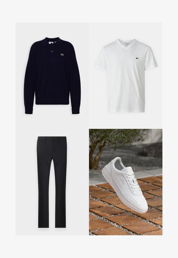 Polo de punto de manga larga en color navy con dos botones, que presenta un logo de cocodrilo verde de Lacoste en el lado izquierdo del pecho, puños y dobladillo acanalados.; Camiseta blanca de algodón con cuello en V, mangas cortas y un pequeño logo de cocodrilo verde en el lado izquierdo del pecho. Diseño simple y ligero.; Pantalones negros con diseño de pierna recta, confeccionados en una tela suave. Presenta bolsillos frontales, cierre de botón y trabillas para cinturón.; Zapatilla blanca Lacoste con cordones flotando sobre baldosas cuadradas de madera y pequeñas piedras grises, con fondo desenfocado de árbol y muro.