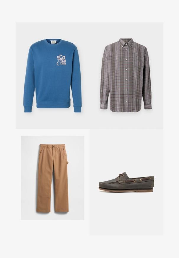 Blauwe crewneck trui met lange mouwen en roze "Scotch & Soda" logo op de linkerborst.; Langarm overhemd met een bruine, witte, blauwe en paarse ruitpatroon en een borstzak op een witte achtergrond.; Beige katoenen broek met rechte pijpen, uitgevoerd met zijzakken en een zijvak voor gereedschap. De stof heeft een gladde en stevige textuur.; Donkerbruin leren bootschoen met een low profile, voorzien van messing oogjes en contrasterende stiksels, platte rubberen zool en een textuurfinish.