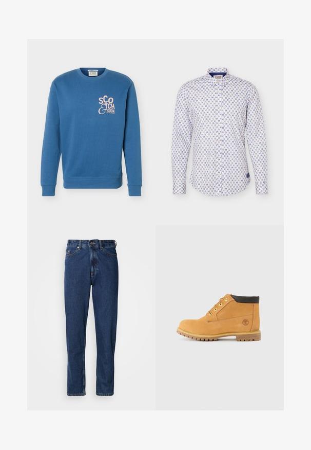 Modrá mikina s okrúhlym výstrihom a dlhými rukávmi, ružové logo "Scotch & Soda" na ľavej strane hrudníka.; Biela košeľa na gombíky s modrým geometrickým kvetinovým vzorom, dlhými rukávmi a štandardným golierom.; Tmavomodré rifle z denimu, s rovnými nohavicami, päťkapsovým strihom a viditeľným prešívaním pozdĺž švov.; Kožené stredné topánky v tan farbe s okrúhlou špičkou, hnedými akcentmi, žltými kovovými očkami a robustnou podrážkou. Logo Timberland je embosované na boku.
