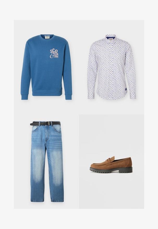 Sweat-shirt bleu col rond à manches longues avec logo rose "Scotch & Soda" sur le côté gauche de la poitrine.; Chemise blanche à boutons avec motif floral géométrique bleu, manches longues et col standard.; Jean en denim bleu clair avec une coupe droite, doté d'une ceinture noire, avec des zones décolorées et une texture diagonale subtile sur la partie supérieure.; Mocassins en daim marron avec un bout arrondi et une semelle noire en caoutchouc basse, présentant une sangle décorative et des détails de couture sur le dessus.