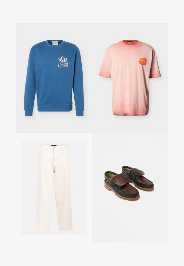 Blauwe crewneck trui met lange mouwen en roze "Scotch & Soda" logo op de linkerborst.; Lichtroze T-shirt met korte mouwen en een kleine oranje "scotch & soda" logo op de bovenkant van de linkerborst en een ronde halslijn.; Lichtbeige wijdvallende jeans van katoen denim met een hoge taille, vijfzakkenontwerp en een enkele sluiting met knoop aan de voorkant.; Leren schoenen met een donkergroene body en een wijnrode bovenkant, een ronde neus, een beveiligde klep en een gestructureerde rubberen zool met groeven.