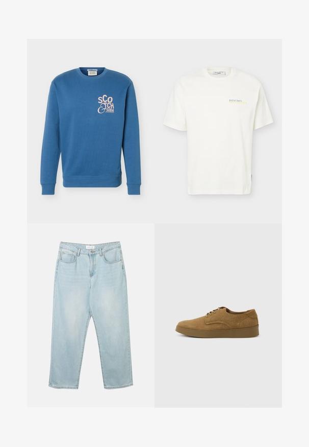 Blaues Sweatshirt mit Rundhalsausschnitt und langen Ärmeln mit pinkem „Scotch & Soda“-Logo auf der linken Brust.; Weißes T-Shirt mit kurzen Ärmeln und kleinem Schriftzug "Oyster Party Marc O’Polo Denim" in Blau und Gelb auf der oberen linken Brust.; Helle blaue Jeans aus Denim mit entspannter Passform, fünf Taschen, einem Knopfverschluss und subtilen Ausbleichungen. Die Textur ist glatt und leicht abgenutzt.; Brauner Wildleder-Schnürschuh für den Alltag mit flacher Gummisohle, von der Seite auf hellem, einfachem Hintergrund gesehen.