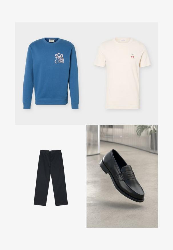 Sudadera azul con cuello redondo, mangas largas y logo rosa de "Scotch & Soda" en el pecho izquierdo.; Camiseta de manga corta color crema con cuello redondo y pequeño gráfico rojo de cereza con hojas verdes en el pecho izquierdo.; Pantalones de algodón negros con un diseño de pierna recta, con cierre de botón y una cinturilla sencilla. Sin patrones ni acentos adicionales.; Mocasín de cuero negro con textura suave, punta puntiaguda y una correa decorativa a lo largo del empeine. Suela ligera, diseño minimalista.
