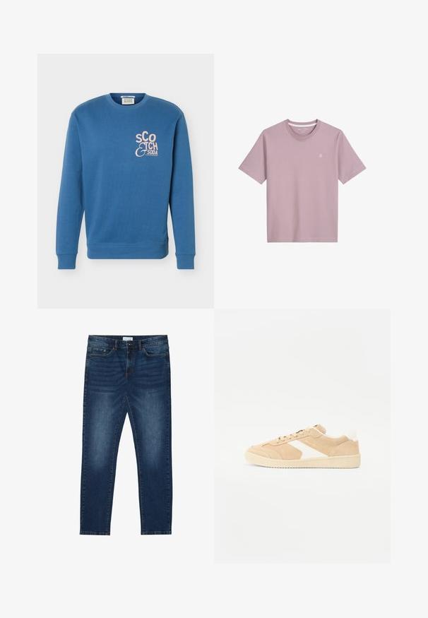 Blå crewneck sweatshirt med lange ærmer og lyserødt "Scotch & Soda" logo på venstre bryst.; Lyserød kortærmet t-shirt lavet af blødt stof, med rund hals og et lille broderet logo på brystet.; Mørkeblå slim-fit jeans med falmede detaljer, klassisk fem-lomme design, knappelukning og bæltestropper.; Beige ruskind sneakers med hvide detaljer, rund tå og snørebåndslukning. Tekstureret overdel og gummisål med diskret branding.