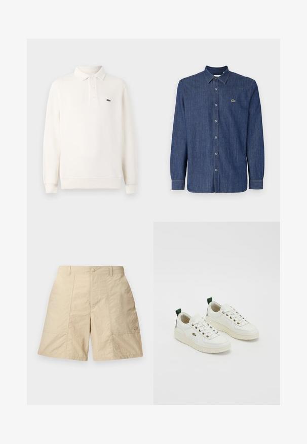 Pika kreemikas polo särk pikkade varrukatega, tekstuuriga kudumiga, kolme nupuga kaelusega ja rohelise brodeeritud logoga rinna kohal.; Tume sinine denim pikkade varrukatega särgiga, millel on nööpidega krae, ees nööpide rida ja väike roheline logo rinnal.; Beezid lühikesed püksid tekstuurse viimistlusega, ees nupuga kinnitamine, kaks külgtaskut ja väike logo alumises paremas nurgas.; Valged nahast sneakers roheliste detailidega, lipsuv design, kuldsed silmad ja tekstureeritud paneelid. Paks koorevärvi kummitald.