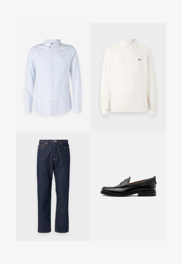 Lange mouwen polo shirt in lichtroomcreme met een textuurgebreide stof, voorzien van een drie-knoopsluiting en een groene geborduurde logo op de borst.; Lichtblauw lang sleevenshirt met een button-down kraag, geweven stof, frontale knoopsluiting en klein geborduurd logo op de borst.; Donkerblauwe denim jeans met een rechte pijpdesign. Beschikt over een knoop- en ritssluiting, vijf zakken en contrasterende stikdetails.; Zwarte leren herensloffen met moc toe stiksel, pennyriem, gestructureerde kraag en lage gestapelde hak op witte achtergrond.