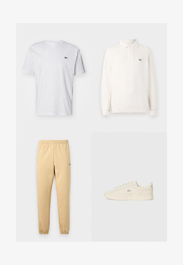 Polo-shirt à manches longues en crème pâle en tricot texturé, avec une patte de boutonnage à trois boutons et un logo brodé vert sur la poitrine.; T-shirt en coton blanc avec col rond, manches courtes et un petit logo brodé vert sur la poitrine. Design classique à coupe droite.; Pantalon de jogging beige avec taille élastique et poignets, arborant un petit logo crocodile vert brodé sur la cuisse droite.; Baskets de couleur crème avec une texture lisse, une forme arrondie, un design à lacets, des perforations discrètes et un logo argenté sur le côté.