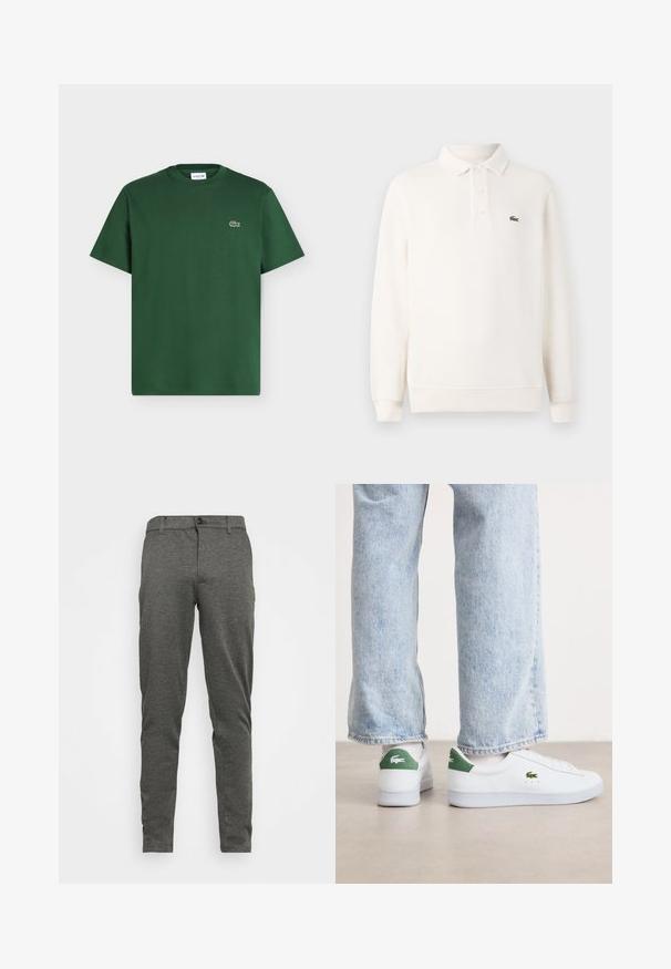 Camisa polo de manga larga en crema pálido, de punto texturizado, con tapeta de tres botones y un logo verde bordado en el pecho.; Camiseta de algodón de manga corta en verde oscuro con cuello redondo y pequeño logo del cocodrilo de Lacoste en el pecho izquierdo.; Pantalones de patrón en espiga gris con un corte recto, que cuentan con un cierre frontal de botón y bolsillos en los laterales. Fabricados en un tejido texturizado.; Zapatillas de cuero blancas con acentos verdes en el talón y logo bordado. Textura suave, diseño bajo, combinadas con jeans azul claro.
