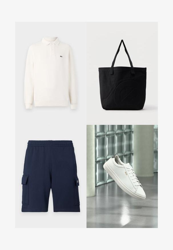 Langärmliges, blasscremefarbenes Polohemd aus strukturiertem Strick, mit einer Dreiknopf-Leiste und einem grünen gestickten Logo auf der Brust.; Marineblaue Cargo-Shorts aus weichem Stoff, mit einem elastischen Bund, zwei Seitentaschen und einem kleinen Logoakzent auf der linken Tasche.; Weißer Leder-Low-Top-Sneaker mit Schnürsenkeln, schwarzer Fersenschlaufe und „BOSS“-Logo, der drinnen nahe einer Glassteinwand und einem polierten Boden schwebt.; Schwarze Canvas-Shopper-Tasche mit zwei Schulterriemen und einem dezenten, eingeprägten kreisförmigen Design auf der Vorderseite.