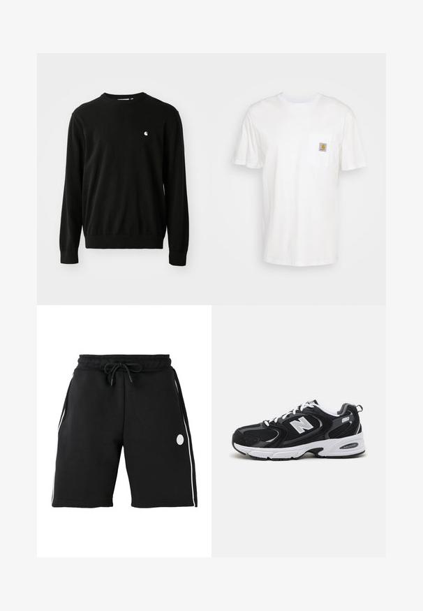 Sort bomuldsbluse med lange ærmer, rund halsudskæring, ribbede manchetter og kant. Har et lille hvidt logo på brystet.; Hvid bomulds T-shirt med korte ærmer, en brystlomme, og et lille firkantet logo patch i orange og hvid på lommen.; Sorte knælange shorts med elastisk linning og snøre, hvide verticale sidestriber og lille rundt logo på venstre lår.; Sorte og grå sportssko med mesh og ruskind på overdelen, der har en hvid mellemsål, snørebånd og et iøjnefaldende "N" logo på siden.