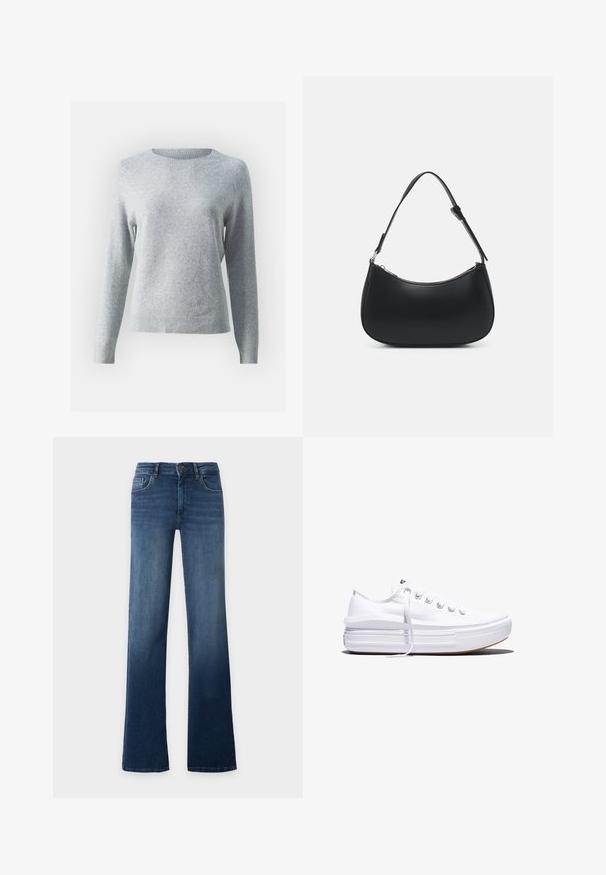Lichtgrijze trui van zacht materiaal, met een ronde hals, lange mouwen en geribbelde manchetten en zoom voor een aansluitende uitstraling.; Blauwe high-waist jeans met rechte pijpen, knoop- en ritssluiting, voor- en achterzakken, getoond op een effen lichte achtergrond.; Witte lage canvas sneaker met dikke plateauzool, veters aan de voorkant en rubberen toeskap met structuur, zijaanzicht.; Pieces PCALUANA SHOULDER BAG - Handtas - black