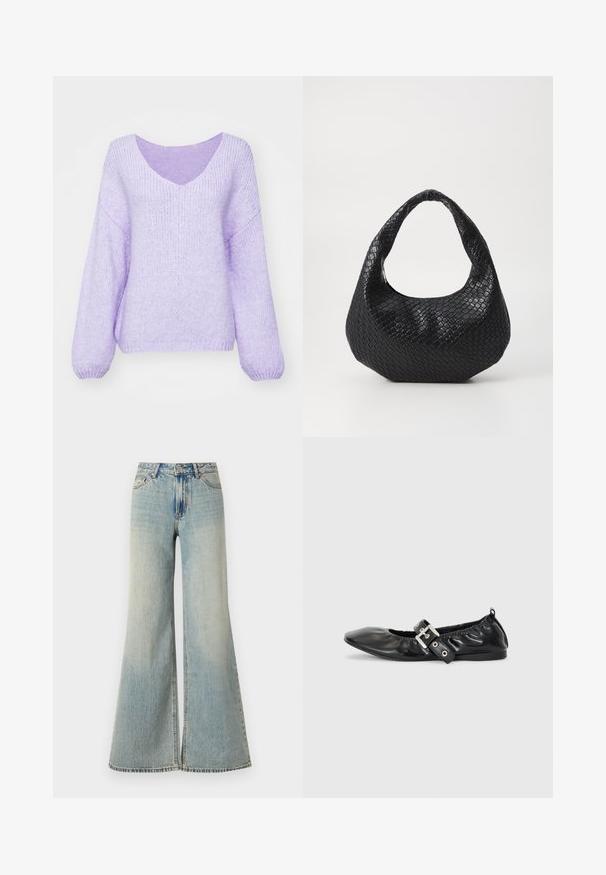 Lilla strikket sweater med V-hals, sænkede skuldre og lange ærmer. Materialet er blødt, tekstureret og en smule løs pasform.; Lysblå brede jeans med høj talje, der har en falmet finish, frontlommer og en let spaltning i bunden af benene.; Sorte læder flade sko med spids tå, samling detaljer omkring åbningen, og en sølv spænde accent på den justerbare rem.; Sort flettet håndtaske med et buet håndtag, der har en struktureret overflade og en afslappet form. Glat finish med en organisk silhuet.