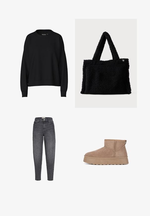 Zwarte sweatshirt met een ronde hals, verlaagde schouders en geribbelde cuffs. Gemaakt van een zachte, gladde stof. Eenvoudig ontwerp, geen patronen.; Zwart gewassen jeans met hoge taille, taps toelopend, voorzien van voorzakken, ceintuurlussen en een knoopsluiting.; Suède enkellaarzen in lichtbruin met een ronde neus, een elastische kraag en een gestructureerde plateauzool met een golfpatroon.; Zwarte nepbont schoudertas met een zachte textuur, korte handvatten en een rechthoekige vorm. Kenmerkt een klein logo-label aan één zijde.