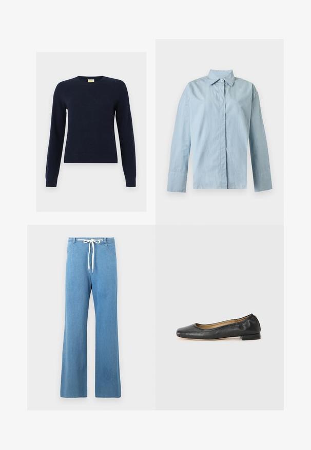 Pull à col rond bleu marine à manches longues avec poignets et ourlet côtelés, présenté à plat sur un fond blanc.; Chemise bleu clair à manches longues avec fines rayures verticales blanches, col pointu, un seul bouton blanc visible et patte de boutonnage avant cachée.; Pantalon en denim bleu clair à jambes larges avec poches avant et cordon de serrage blanc à la taille.; Ballerines en cuir noir avec un bout arrondi et des coutures minimales. Talon bas et rectangulaire avec une texture lisse. Détails subtils de doublure intérieure.