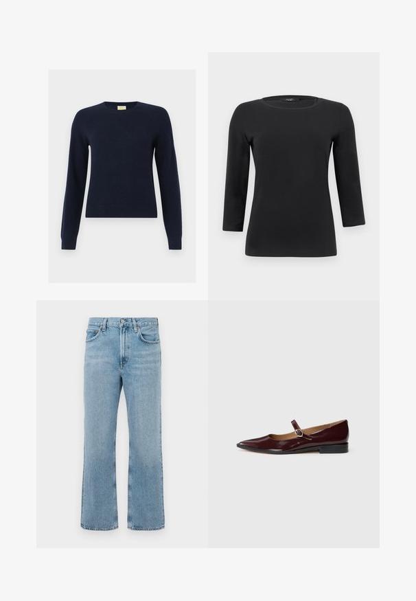 Marineblauer Rundhalspullover mit langen Ärmeln, gerippten Bündchen und Saum, flach auf weißem Hintergrund präsentiert.; Schwarzes Langarm-Shirt mit rundem Halsausschnitt, figurbetontem Schnitt und glatter, einfarbiger Stoffstruktur.; Hellblaue Denim-Jeans mit geradem Bein, hoher Taille, sichtbaren Nähten und einem leichten Verblassungsmuster. Keine Verzierungen oder Metallteile.; Burgunder patentierte Leder-Mary-Jane-Schuhe mit einer spitzen Zehe, flachem Absatz und einem dekorativen Riemen mit einem runden Schnallenakzent.