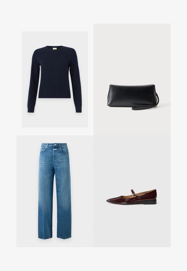 Marineblå crewneck-langærmet sweater med ribbede manchetter og kant, vist fladt på en hvid baggrund.; Højtaljede lige ben blå denim jeans med for- og baglommer, knaplukning og bæltestropper på en hvid baggrund.; Bordeaux patentlæder Mary Jane flade sko med spids tå, flad hæl og en dekorativ rem med en cirkulær spændeaccent.; Sort glat læder clutch taske med tyndt håndledsrem, rektangulær form og diskret præget logo centreret foran.