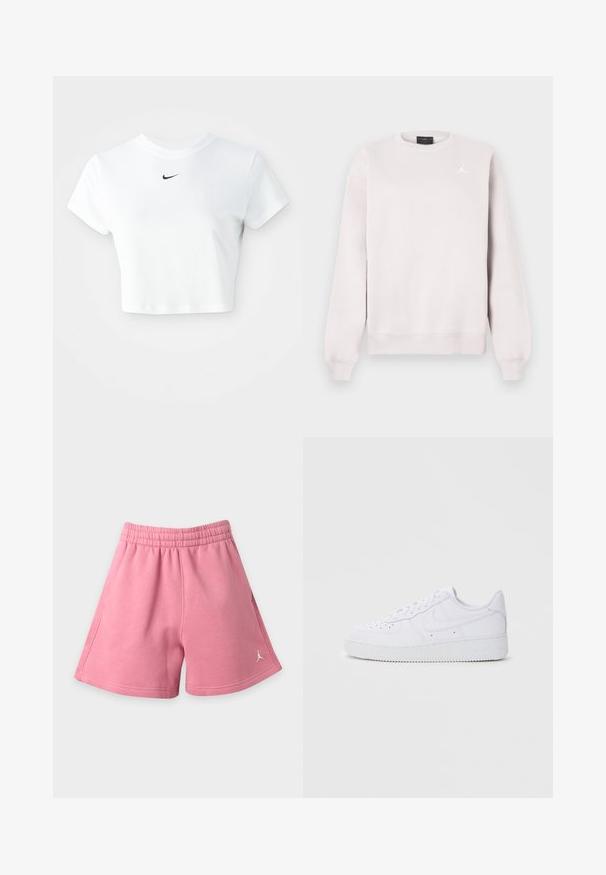 Svetlo béžová mikina s okrúhlym výstrihom a dlhými rukávmi, s malým bielym logom Jumpman na ľavom hrudníku.; Biely skrátený tričko vyrobené z bavlny, s krátkymi rukávmi a okrúhlym výstrihom, s čiernym logom Nike na hrudi.; Ružové basketbalové šortky s elastickým pásom, bočnými vreckami a malým bielym logom Jumpman na ľavej nohe.; Biele tenisky Nike Air Force 1 s koženým zvrškom, okrúlou špičkou, šnurovaním, polstrovaným golierom a textúrovanou gumovou podrážkou.