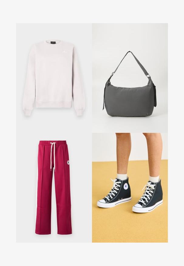 Valkoinen crewneck-huppari, jossa on pitkät hihat ja pieni valkoinen Jumpman-logo vasemmassa rintapielessä.; Viininpunaiset collegehousut, joissa on joustava vyötärönauha, kermaan sävyinen nyörikiristys ja erottuvat valkoiset sivuraidat, joissa on nappidetaljit. Paikallinen kirjailtu logo.; Korkeat tennarit tummansinisestä kankaasta, joissa on valkoiset kumipohjat, nauhat ja yksityiskohdat. Varustettu pyöreällä logolla ja valkoisilla ompelu- vaikutuksilla.; Harmaa pehmustettu olkalaukku, jossa on kaareva muoto, sileä pinta, säädettävä hihna ja hillitty kohokuvioitu logo edessä.