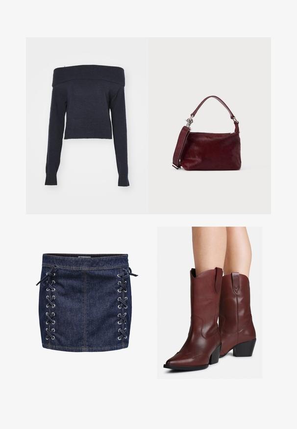 Weekday LOLO OFF SHOULDER - Strickpullover - navy; Dunkelblaue Denim-Minikleid mit seitlichen Schnürdetails und silbernen Ösen. Hat eine glatte Textur und kontrastierende Nähte.; Beine, die mittelhohe, dunkelbraune Lederstiefel im Western-Stil mit spitzen Zehen und Blockabsätzen tragen, vor einem weißen Hintergrund.; Kleine rechteckige bordeauxrote Handtasche mit strukturierter Oberfläche, kurzem Griff und abnehmbarem Schulterriemen auf hellem einfarbigem Hintergrund.