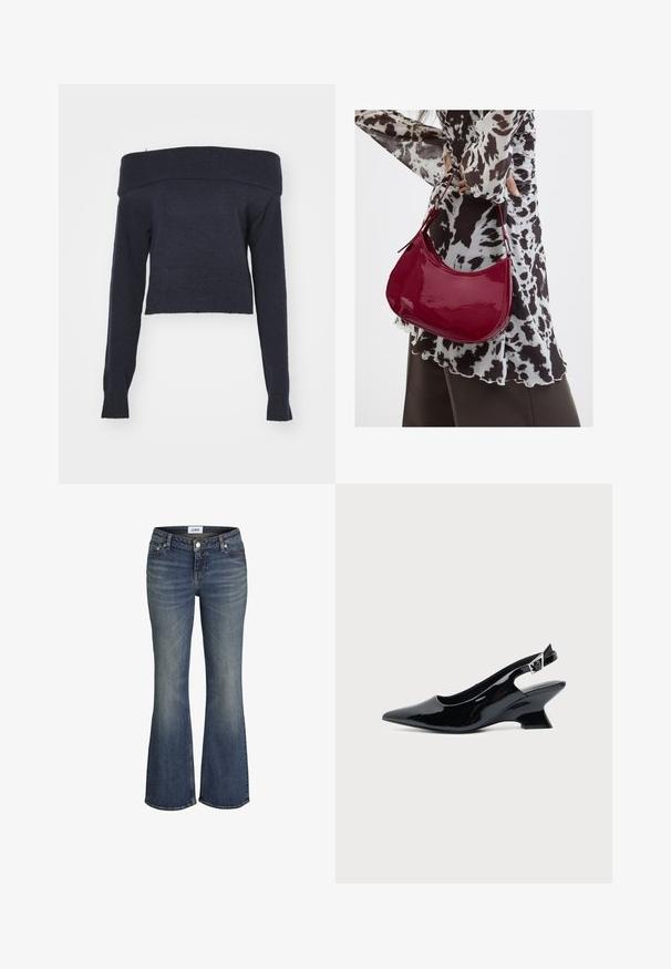 Weekday LOLO OFF SHOULDER - Džemper - navy; Sinised tuhmuvad lõhenevad teksad esikinnituse, viie tasku ja vöökohal nähtava brändisildiga.; Mustast lakknahast slingback king, millel on terav nina ja madal kalle plokktald, ühtlase heleda taustaga.; Naine, kes kannab must-valget mustriga pluusi ja hoiab läikivat punast õlakotti ühevärvilise tausta ees.