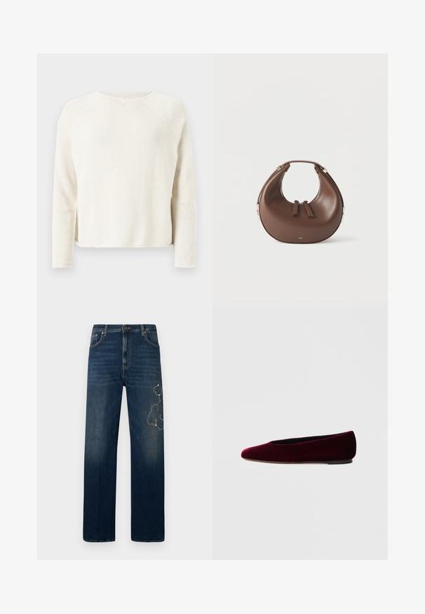 Pull en tricot couleur crème à manches longues avec col rond et discrètes fentes latérales, présenté sur un fond gris clair.; Jean bleu foncé en denim, avec une coupe droit. Détail brodé notable sur la cuisse gauche avec des accents décoratifs.; Ballerines en velours bordeaux avec un bout arrondi et un talon bas, présentant une texture lisse et un design élégant.; Sac à main en cuir marron en forme de croissant avec une poignée supérieure et deux curseurs de fermeture éclair, sur fond blanc.