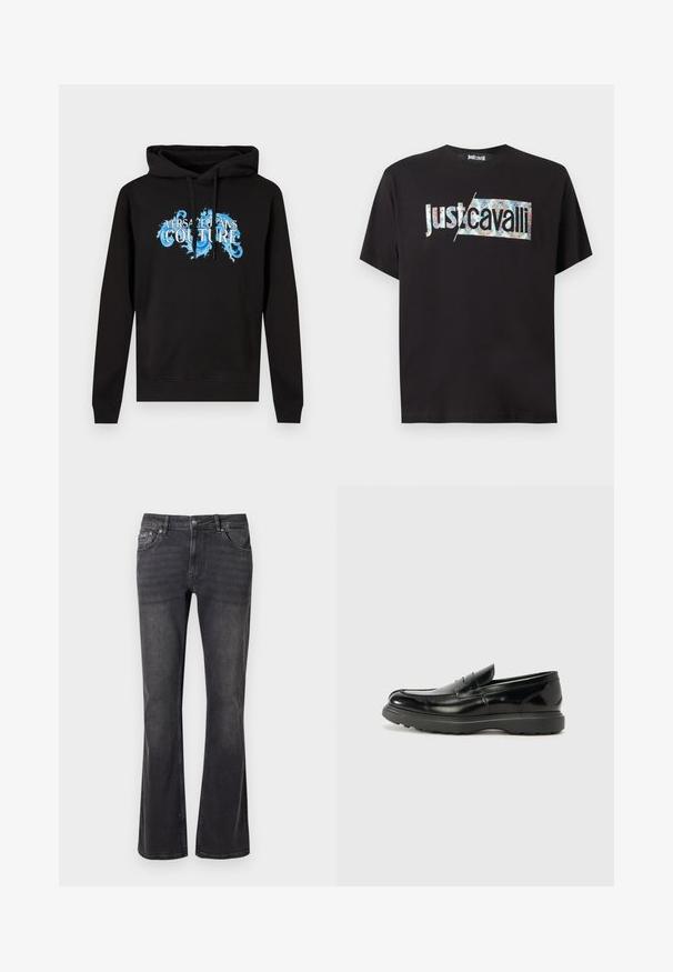 Musta hupullinen pitkähihainen collegepaita, jossa on rintakehässä siniset koristeelliset tekstit "Versace Jeans Couture", edestäpäin vaalealla taustalla.; Musta lyhythihainen T-paita, jossa "Just Cavalli" -logo ja etuosan keskellä osittain täytetty värikäs kukkakuosi.; Mustat farkut, joissa on levenevä muotoilu, viisi taskua ja metallinen napitus. Kangas on sileä ja siinä on hieman haalistumista.; Mustat nahkakengät, joissa on kiiltävä pinta, pyöreä kärki, huomaamaton ompelu ja paksu kumipohja kestävyyttä varten.