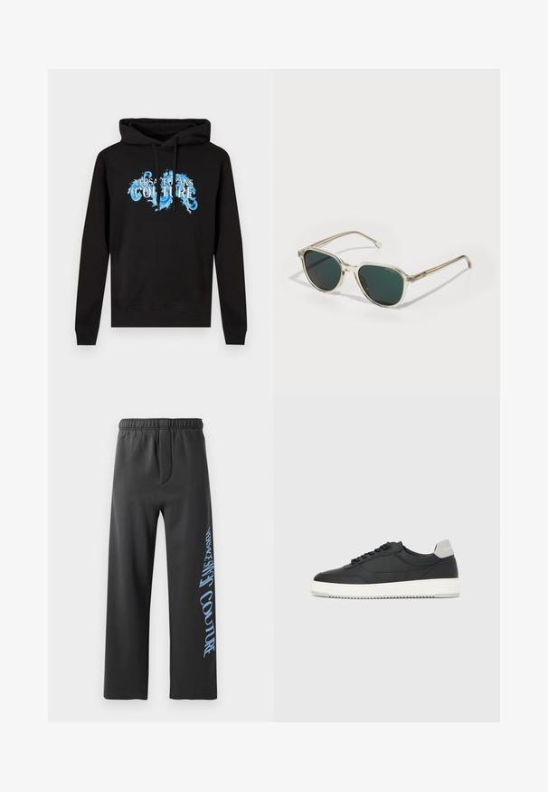 Sort hættetrøje med lange ærmer og blå, ornamenterede tekst "Versace Jeans Couture" på brystet, set forfra mod en lys baggrund.; Sorte sweatpants lavet af blødt stof, med en løs pasform og elastisk talje. Bemærkelsesværdig blå trykt tekst langs siden.; Sort lavtop-sneakers med hvid sål og grå hælkappe, set fra siden på en helt hvid baggrund.; Hvide solbriller med mørke grønne linser. Designet har en unik form og tynde metalaccenter på stængerne.