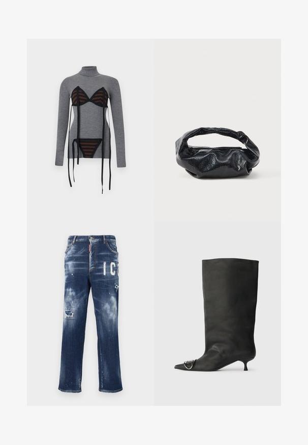 Pull gris à col roulé côtelé avec un ensemble soutiens-gorge et culotte noirs et bruns rayés superposés, doté de longs liens noirs pendants.; Jeans en denim bleu foncé avec des patchs déchirés, des éclaboussures de peinture claires et de grandes lettres blanches. Conception à jambe droite avec une coupe classique.; Bottines en cuir noir à bout pointu, petite talon et détail métallique sur le bout. Texture lisse et mate partout.; Sac noir en matériau texturé et brillant avec une poignée circulaire torsadée et une fermeture éclair. Présente un design doux et froissé.