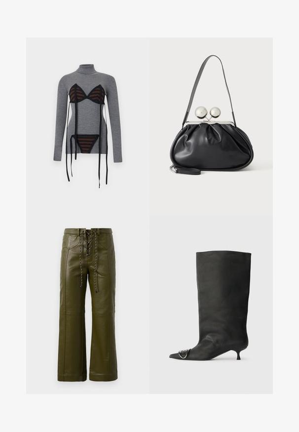 Pull gris à col roulé côtelé avec un ensemble soutiens-gorge et culotte noirs et bruns rayés superposés, doté de longs liens noirs pendants.; Pantalons larges en cuir vert olive avec une finition texturée, dotés d'un devant à lacets et de solides accents en métal noir.; Bottines en cuir noir à bout pointu, petite talon et détail métallique sur le bout. Texture lisse et mate partout.; Sac à main en cuir noir avec un design plissé, une sangle unique, un cadre métallique argenté et deux grandes fermoirs ronds en argent.