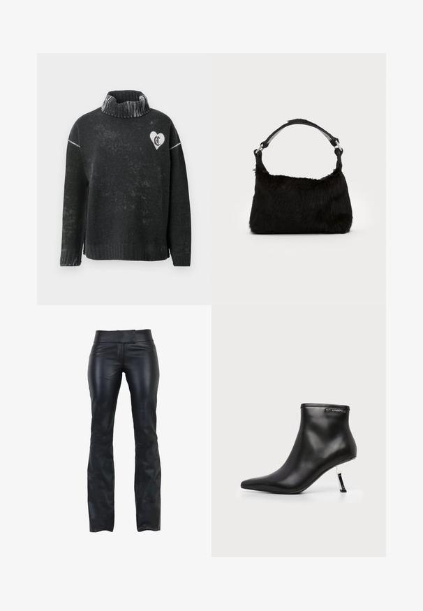 Sort sweater med høj hals, der har et hvidt hjerte og bogstavdesign på brystet. Lavet af blødt materiale med en struktureret overflade.; Sorte læderbukser med slim fit, flad talje og udskæring i bunden. Glat tekstur og minimalistisk design uden synligt hardware.; Sort læder ankelstøvle med spids tå og en blank sølv stilethæle på en hvid baggrund.; Sort faux fur håndtaske med en blød tekstur, rund form og en robust skulderrem i sort læder. Synlige sølvhardware-detaljer.