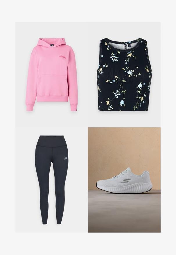 Roosa kapuutsiga särk, mis on valmistatud pehmest kangast, esiküljel on tasku, ribidega mansetid ja vasakul rinnal broderitud logo.; Mustmustriibuline must crop top, millel on sinise ja kollase lillemustriga, ümar kaelus ja ilma varrukateta disain.; Mustad kõrge vöökohaga legginsid, mis on valmistatud venivast materjalist, omavad sujuvat disaini ja väikest peegeldavat logo reie kohal.; Valge spordijalats tekstuurse taldaga ja võrgustatud pealiskihiga, millel on hõbedane "S" logo, hõljumas beeži vaiba ja diivani taustal.