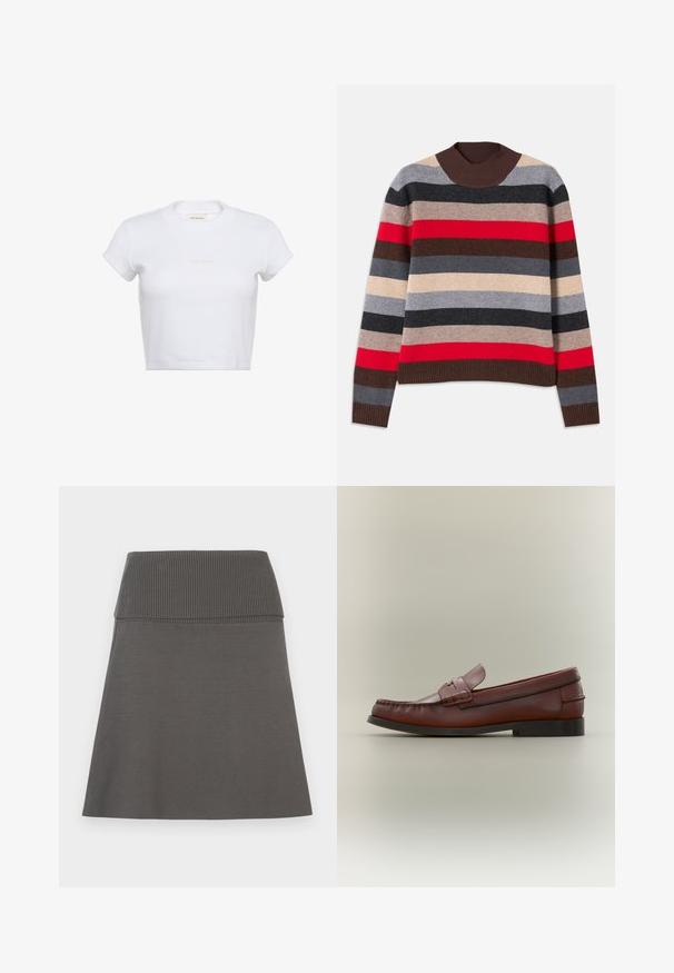 Stribet sweater med vandrette striber i rød, grå, beige og brun. Ribbet brun krave og kant, strikket tekstur.; Hvid cropped t-shirt med korte ærmer og ribbet tekstur. Har en rund halsudskæring og en diskret "Calvin Klein"-logo i lys farve foran.; Mørkegrå nederdel med en bred, ribbet elastisk linning og en let A-form på en hvid baggrund.; Brun læderherresko med sort sål og dekorativ stropdetalje, vist i profil på en neutral baggrund.