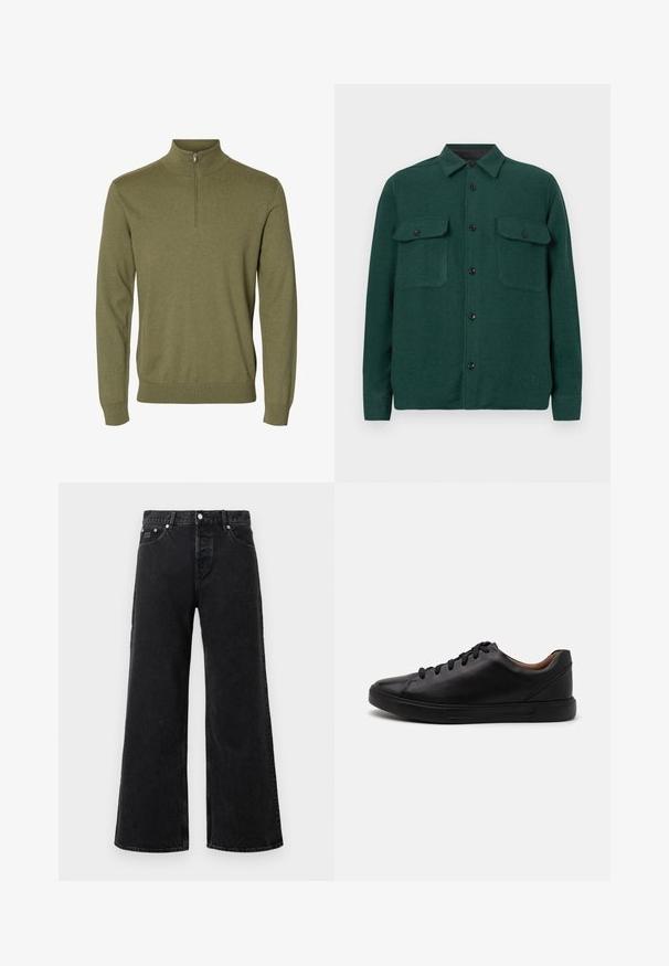 Jersey verde de manga larga con cuello alto y cremallera corta en la parte delantera, hecho de tejido de punto suave.; Chaqueta de camisa texturizada verde con collar, dos bolsillos frontales y botones negros, elaborada con un material suave y tejido.; Jeans de tiro alto de pierna ancha en negro con botón delantero, trabillas para cinturón y diseño de cinco bolsillos sobre un fondo blanco.; Zapatillas de cuero negro con un acabado suave, punta redondeada y cierre de cordones de seis ojales; cuenta con una suela de goma negra para mayor agarre.