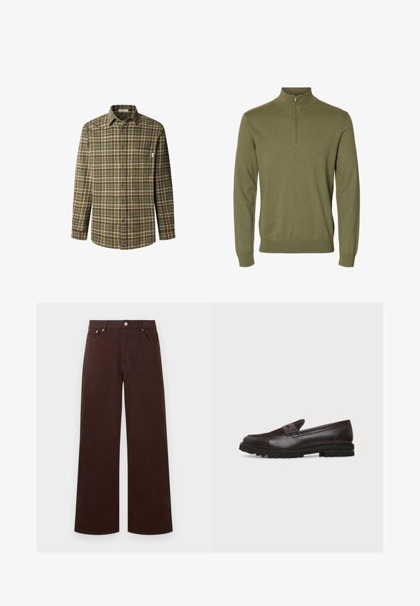 Jersey verde de manga larga con cuello alto y cremallera corta en la parte delantera, hecho de tejido de punto suave.; Camisa abotonada en patrón de cuadros en verde y marrón, de mangas largas, con cuello, bolsillo en el pecho, fabricada en un tejido de algodón texturizado y con botones marrones.; Pantalones de pierna recta en marrón oscuro con bolsillos delanteros, trabillas para cinturón y cierre con botón metálico, sobre un fondo liso.; Mocasín tipo penny de cuero y ante marrón oscuro con suela gruesa de goma negra, perfil lateral sobre fondo blanco.