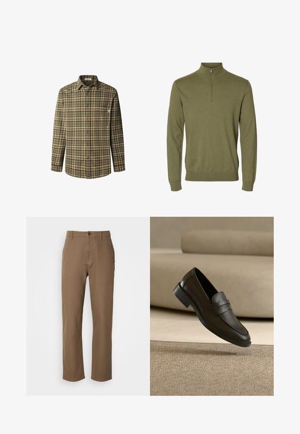 Jersey verde de manga larga con cuello alto y cremallera corta en la parte delantera, hecho de tejido de punto suave.; Camisa abotonada en patrón de cuadros en verde y marrón, de mangas largas, con cuello, bolsillo en el pecho, fabricada en un tejido de algodón texturizado y con botones marrones.; Pantalones de algodón marrones con corte recto, cierre de botón y bolsillos laterales. Presentan una textura suave y un diseño simple, sin adornos.; Zapato mocasín de cuero negro descansando sobre una alfombra beige con un sofá beige curvado en el fondo.