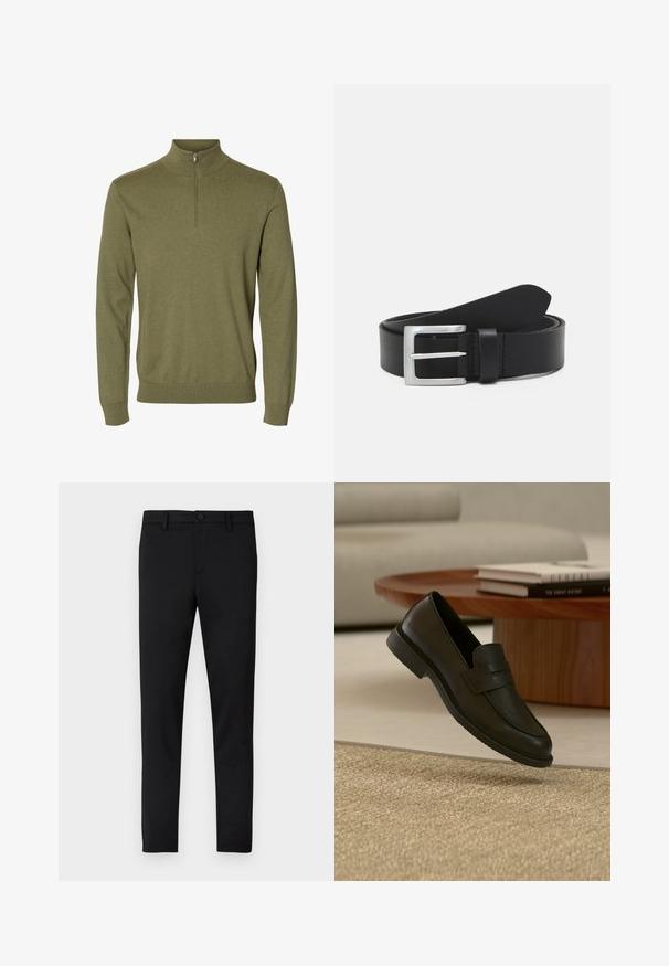 Pull vert à manches longues avec un col montant et une courte fermeture éclair à l'avant, fabriqué en tissu tricoté doux.; Pantalon noir ajusté avec une texture lisse, fermeture par bouton, passants pour ceinture, sans motifs ni accents visibles.; Chaussure mocassin en cuir noir présentée en suspension au-dessus d'un tapis beige tissé, avec une table en bois et des livres empilés dans un salon doucement éclairé.; Ceinture en cuir noir avec une texture lisse, boucle rectangulaire en argent et une boucle pour l'extrémité. Présente des coutures soignées le long des bords.