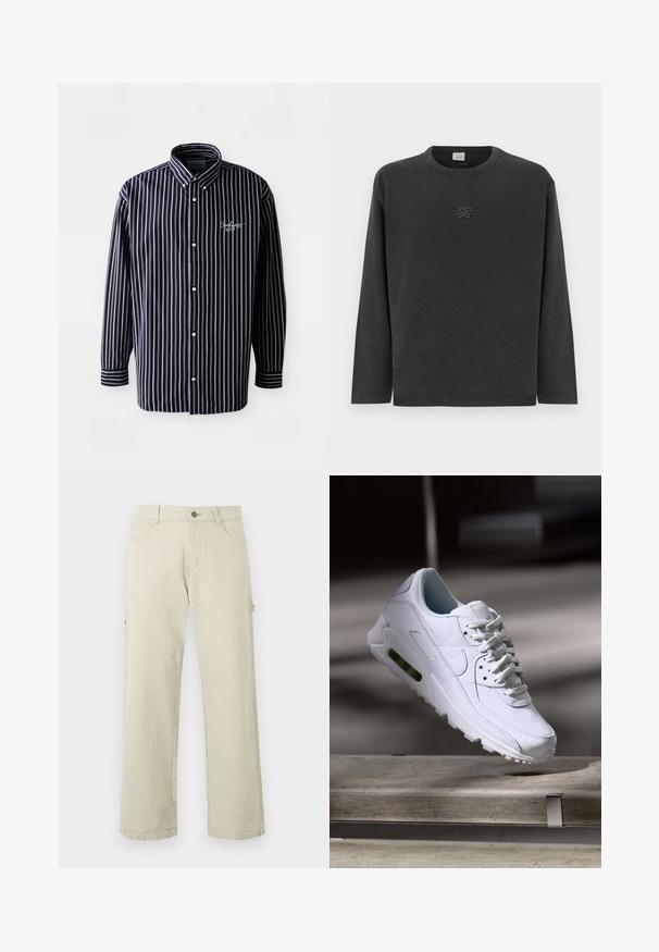 T-shirt à manches longues en gris foncé, fabriqué en coton doux, avec un logo brodé subtil sur la poitrine, un col rond et une coupe décontractée.; Chemise à rayures à manches longues bleu marine et blanche, avec un col boutonné, des boutons sur le devant et un logo brodé sur la poitrine.; Pantalon droit à rayures verticales beige et blanches, avec fermeture à boutons, passants de ceinture et poches latérales, présenté sur un fond uni.; Baskets blanches en cuir avec des surfaces texturées, un col rembourré et un amorti d'air visible dans la semelle. Elles possèdent des lacets et un design minimaliste.