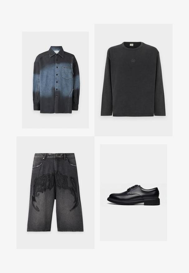 T-shirt à manches longues en gris foncé, fabriqué en coton doux, avec un logo brodé subtil sur la poitrine, un col rond et une coupe décontractée.; Chemise à manches longues boutonnée avec un dégradé du noir au bleu denim, poche poitrine avec étiquette visible et coutures apparentes.; Short en jean noir délavé avec broderie noire de style gothique sur le devant et design classique à cinq poches sur fond uni.; Chaussure habillée en cuir noir poli avec lacets et semelle épaisse en caoutchouc, vue de profil sur un fond clair uni.