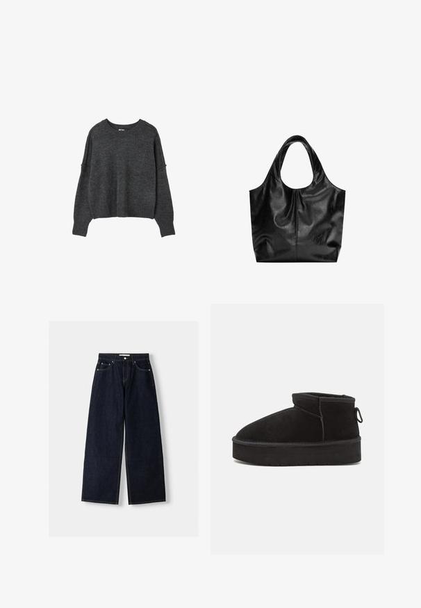 Mørkegrå strikket sweater med lange ærmer, rund halsudskæring og ribstrikkede manchetter og kant, vist på en hvid baggrund.; Mørkeblå denim wide-leg jeans med høj talje, fem lommer, kontraststing og sølvfarvet metalbeslag. Glat overflade og pæn finish.; Sorte ruskinds ankelstøvler med en rund tå, der har en forhøjet sål og en sidesløjfe for nem påtagning. Designet er enkelt med minimale detaljer.; Sort læder tote taske med en glat overflade, en blød, afrundet top og brede håndtag. Har minimal syning og en afslappet silhuet.