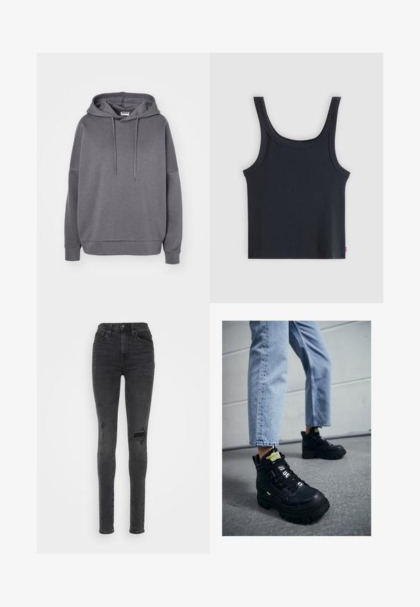 Sudadera gris hecha de un tejido suave, con capucha ajustable, corte relajado y puños y dobladillo acanalados. Sin patrones o logotipos visibles.; Camiseta sin mangas negra acanalada con tirantes anchos y escote en forma de U, colocada sobre un fondo gris claro.; Jeans ajustados de cintura alta en denim gris oscuro con detalles desgastados, incluyendo desgarros en las rodillas y una textura suave.; Zapatillas altas negras con suela gruesa, con diseño de cordones, acentos de logo y etiquetas amarillas. Combinadas con unos vaqueros cortos de color azul claro.