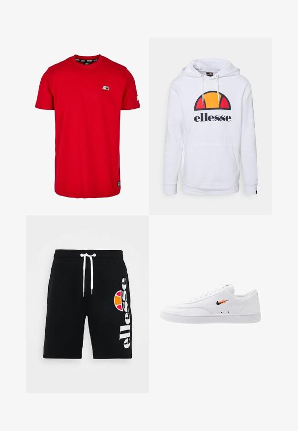 Sudadera blanca con un bolsillo canguro, presenta un logo multicolor en rojo, amarillo y negro en el pecho, y cuerdas ajustables en la capucha.; Camisa de algodón roja con cuello redondo, mangas cortas y un pequeño logo negro en el lado izquierdo del pecho y en la manga. Tejido de color sólido y suave.; Pantalones cortos deportivos negros hechos de una tela suave, con un cordón blanco y un gran logo blanco y naranja en el lado izquierdo.; Zapatilla de cuero blanca con un acabado texturizado, logo negro y acento naranja. Presenta cordones blancos y una suela de goma.