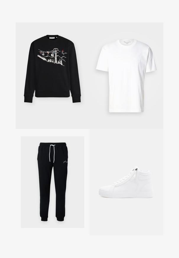 Sweat-shirt noir avec un motif à l'avant représentant des remontées mécaniques et des skieurs devant des montagnes et des arbres, en blanc, rouge et bleu. Col rond et poignets côtelés.; T-shirt en coton blanc avec un col rond et des manches courtes. Présente un détail de logo subtil sur le devant. Texture lisse, coupe décontractée.; Pantalon de survêtement noir en tissu mélange de coton. Dispose d'une taille à cordon avec des liens blancs et d'un petit logo brodé blanc près de la hanche.; Baskets montantes blanches en matériau synthétique lisse. Dotées d'une fermeture éclair sur le côté, d'un bout arrondi et d'une semelle en caoutchouc texturé.