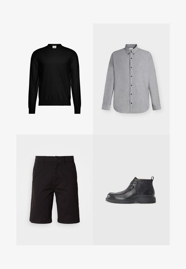 Sort langærmet sweater med rund hals og ribstrikkede manchetter og kant, med et lille hvidt mærke med brand inde i halsudskæringen.; Lysegrå skjorte med lange ærmer, knapper foran og knaplukket krave samt det lille "cK" logo broderet på venstre bryst.; Sorte shorts lavet af et letvægtsstof, med knaplukning foran, bæltesløjfer, sidelommer og lige snit med omslag på kanterne.; Sorte læder ankelstøvler med rund tå, snørelukning og en løkke bagpå. Tekstureret overdel og gummisål.