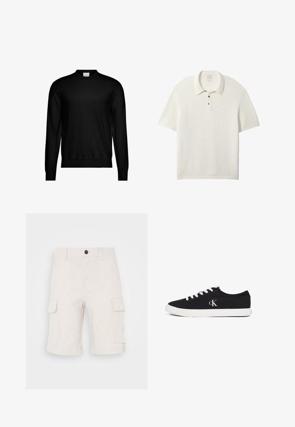 Sort langærmet sweater med rund hals og ribstrikkede manchetter og kant, med et lille hvidt mærke med brand inde i halsudskæringen.; Hvid tekstureret poloshirt med korte ærmer, med ribkantet krave og manchetter, som har to knapper og et lille logo på brystet.; Beige cargo shorts lavet af letvægtsstof, med to sidelommer og en foldet nederkant. Knaplukning i taljen.; Sort lavt sneakers med hvide snørebånd og sål, med "cK" logo på siden, vist på en hvid baggrund.